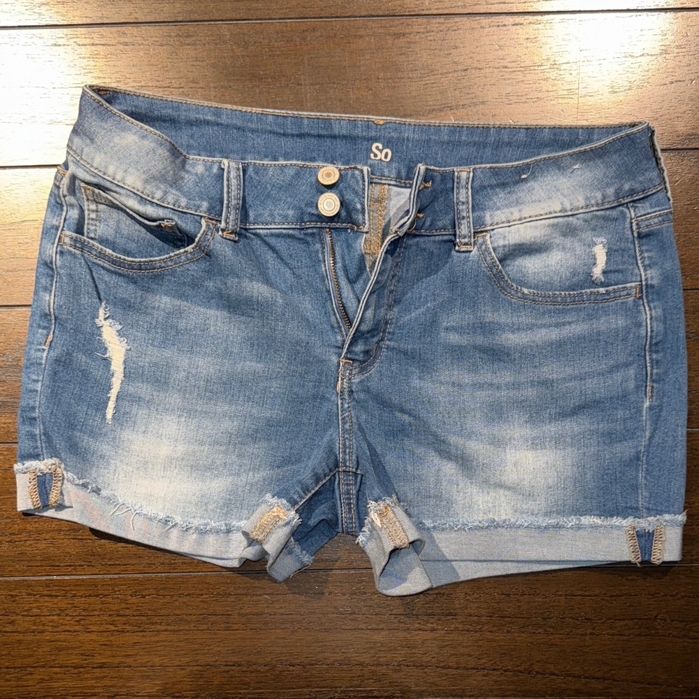 SO Women's Distressed Light Blue Denim Shorts